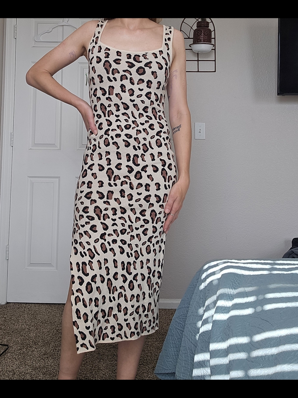 Leopard-Print Sleeveless Midi Dress in Beige and Brown